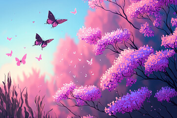 Natural spring environment with fluttering butterflies on a background of blue sky and wild pink lilac blooms on a meadow. Artistic image of a soft, dreamy air. author processing, soft focus