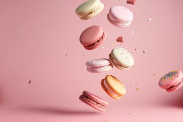 Fotobehang Macarons On a pink background, French macarons are seen flying through the air amid crumbs. Levitation theory a background in cuisine. pastel hues food deconstruction. Generative AI