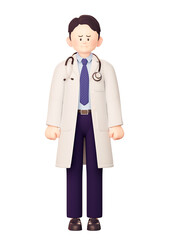A 3d illustration of a doctor wearing a gown and a stethoscope with a sad look on his face.