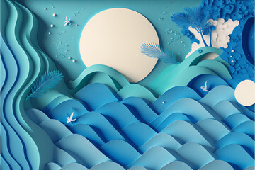Abstract Design of Blue Sea and Summer Background with Paper Waves created by Generative AI