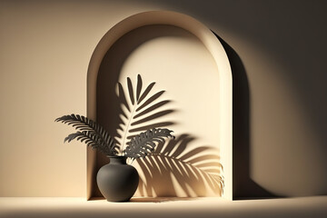 Background for minimal product placement featuring a palm shadow on a plaster wall elegant interior architectural design. Mockup for a creative product platform. Generative AI