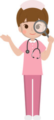 Female medical worker with magnifying glass, medical staff, emoji cartoon