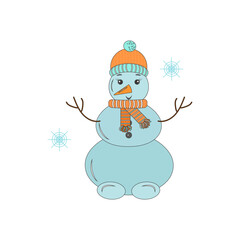 The festive winter season. Cute funny postcard of a snowman on a white background. Christmas banner.
