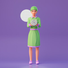 kawaii girl holding cute target icon, 3d character illustration