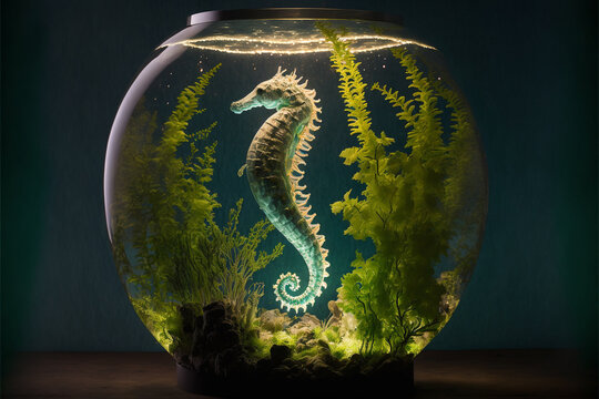 Fish Bowl with a Backlit Seahorse and Seaweed