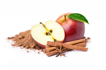 Red apple with cinnamon powder and cinamon stick isolated on white background.