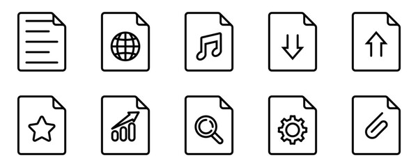 Conjunto de iconos de hoja de documento. Configuración, música, investigación, conectividad, estadísticas, favoritos. Ilustración vectorial