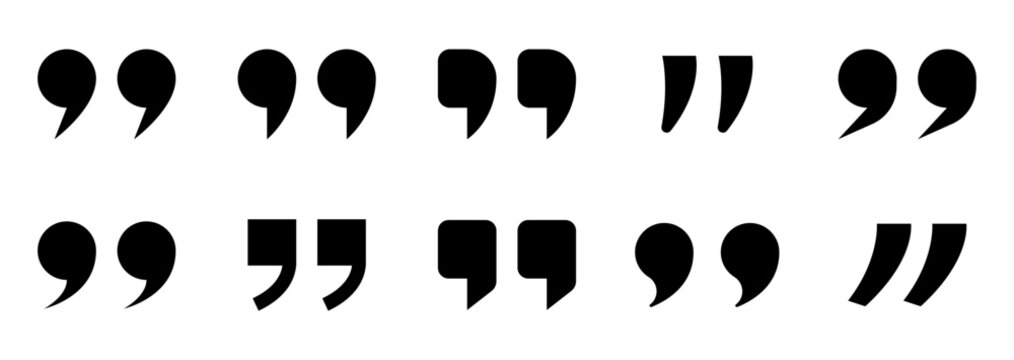Conjunto de iconos de comillas negras. Marcas de voz, texto. Concepto de mensaje, conversaci&oacute;n. Ilustraci&oacute;n vectorial