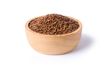 Flax seeds in wooden bowl isolated on white background with clipping path.