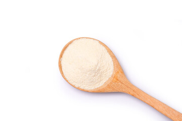 Collagen or milk protein powder in wooden spoon isolated on white background, top view, flat lay, clipping path.