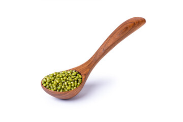 Green mung beans in wooden spoon isolated on white background.