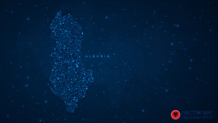 Fototapeta na wymiar Map of Albania modern design with polygonal shapes on dark blue background. Business wireframe mesh spheres from flying debris. Blue structure style vector illustration concept