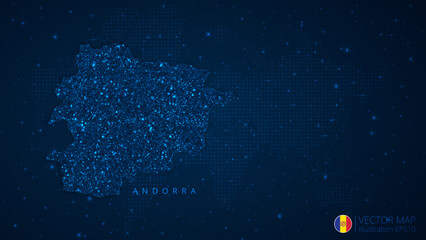 Fototapeta na wymiar Map of Andorra modern design with polygonal shapes on dark blue background. Business wireframe mesh spheres from flying debris. Blue structure style vector illustration concept
