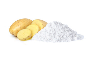 Potato starch (ground potato) and fresh potatoes with slice isolated on white background. 