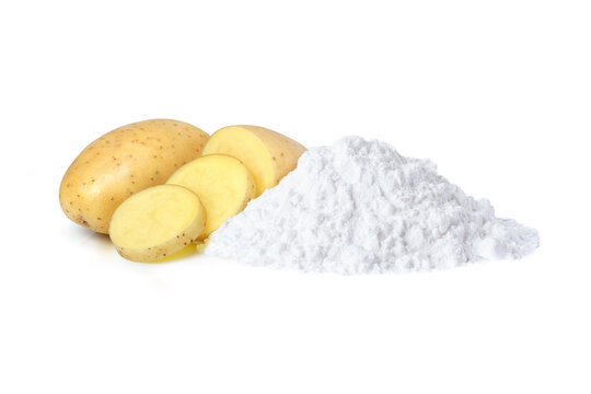 Potato starch (ground potato) and fresh potatoes with slice isolated on white background. 