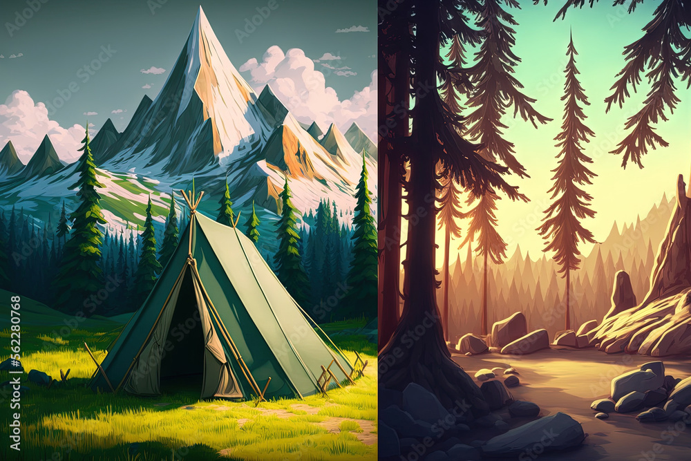 Wall mural a painting of a natural scene, a fantasy painting of mountains and trees, and a concept drawing of a tent in the forest. Generative AI - Wall murals