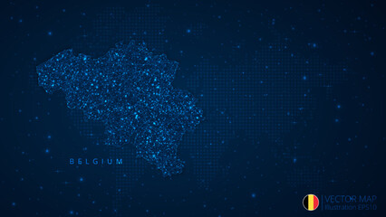Fototapeta na wymiar Map of Belgium modern design with polygonal shapes on dark blue background. Business wireframe mesh spheres from flying debris. Blue structure style vector illustration concept