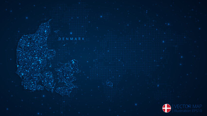 Fototapeta na wymiar Map of Denmark modern design with polygonal shapes on dark blue background. Business wireframe mesh spheres from flying debris. Blue structure style vector illustration concept