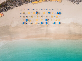 Beautiful tropical beach aerial top view in Playa Blanca, Lanzarote, Canary Islands. Summer vacations image.