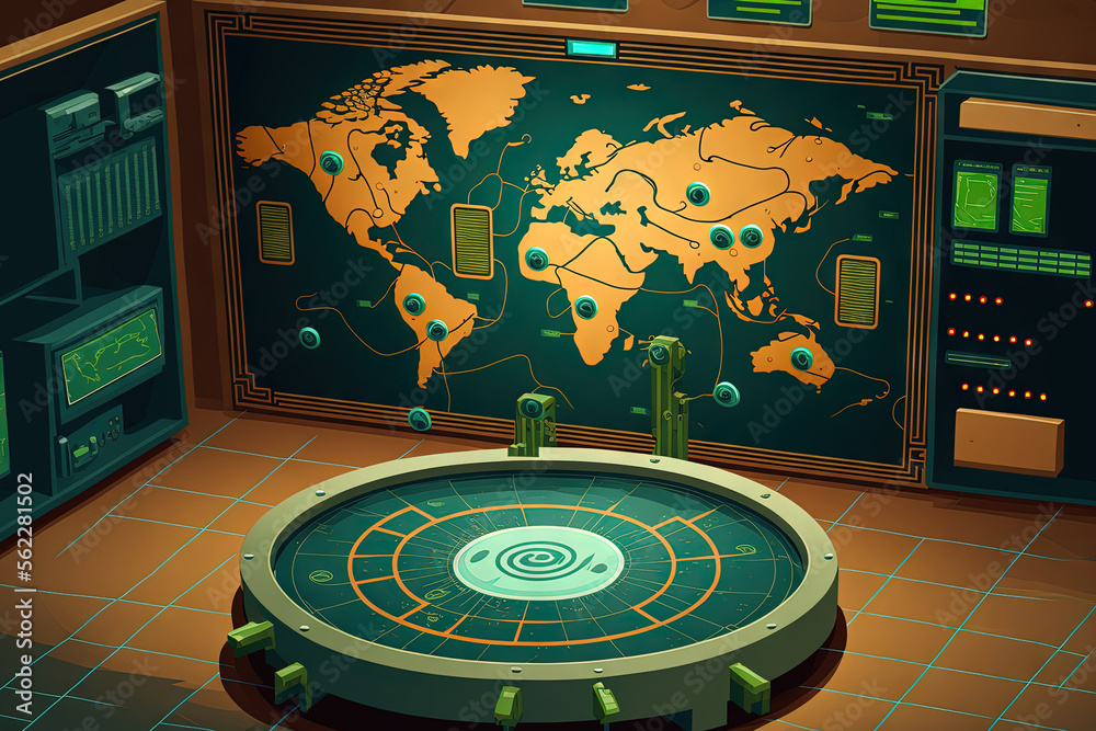 Poster world map with several shifting symbols and pulsating circles over vacant server room notion of cybe