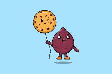 Cute cartoon Sweet potato floating with biscuits balloon in flat cartoon vector icon illustration