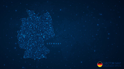 Fototapeta na wymiar Map of Germany modern design with polygonal shapes on dark blue background. Business wireframe mesh spheres from flying debris. Blue structure style vector illustration concept