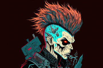 Illustration of a science fiction skull faced cyborg with mohawk hair as a cyberpunk robot criminal hacker. Generative AI
