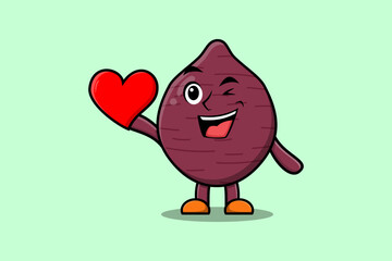 Cute cartoon Sweet potato character holding big red heart in modern style design illustration