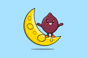 Cute cartoon Sweet potato character standing on the crescent moon in 3d modern design illustration