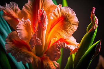 Beautiful gladiolus flower interspersed with leaves. Generative AI. The most lovely gladiolus wallpaper. The gladiolus flower is a symbol of remembrance.