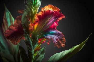 Beautiful gladiolus flower interspersed with leaves. Generative AI. The most lovely gladiolus wallpaper. The gladiolus flower is a symbol of remembrance.