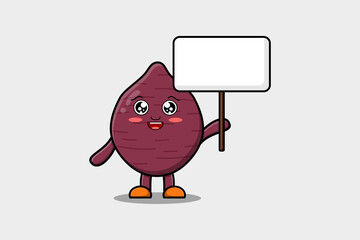 Cute cartoon Sweet potato character holding blank board in vector flat cartoon style illustration