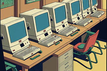 Spare monitors and functional monitors in the computer lab of a school with individual cabins and chairs. Generative AI