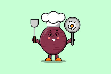 Cute cartoon Sweet potato chef character holding pan and spatula in flat cartoon style illustration