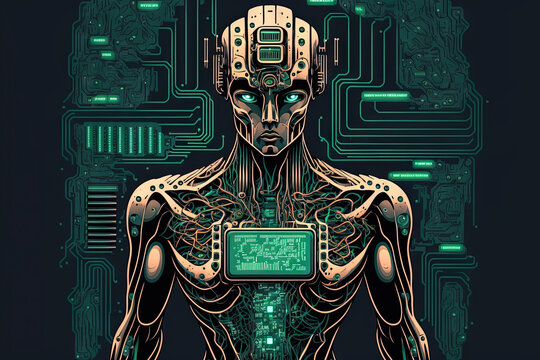cyborg AI. the circuit board. technical knowledge CPU and GPU concepts for central computer processors. digital chip on the motherboard. background in tech and science. Generative AI