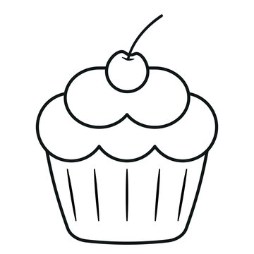 Cute Black Line Cupcake Icon Clipart with Cherry Vector Illustration