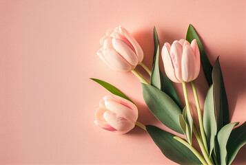Beautiful composition spring flowers. Bouquet of pink tulips flowers on pastel pink background. Valentine's Day, Easter, Birthday, Happy Women's Day, Mother's Day. Flat lay, top view, copy space.