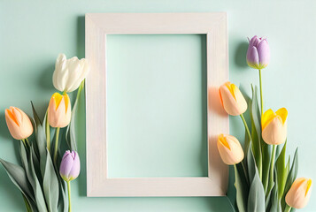 White wooden frame on pastel background decorated with tulip flowers, space for text. Mock up.
