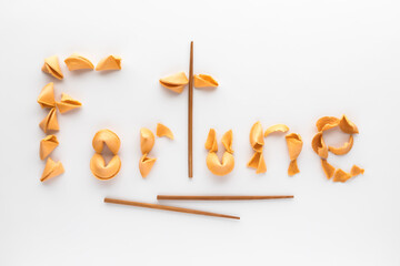 Fortune cookies and chopsticks used to spell the word fortune.