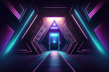 an illuminated tunnel in the shape of a pyramid. A cyber room with a futuristic laser. futuristic interior hallway with walls covered in blue and pink neon lights. Background of a space station with a