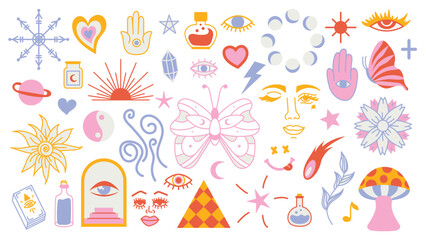  Magic background groovy in retro trend style with clipart elements. mystical vector isolated pattern. editable stroke clipart stickers. Esoteric element witchcraft. Collection of occult symbols y2k