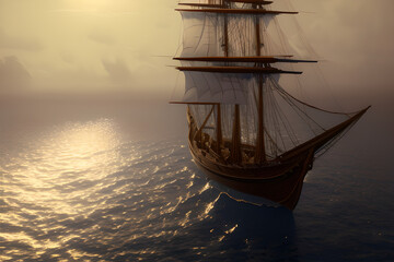 Obraz premium ultra realistic sailing ship, beautiful light, pale sunrise, cinematic lighting, viking and pirates generative ai