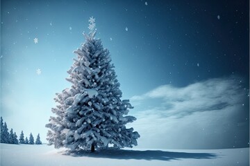 Christmas tree covered in snow. Landscape background. Generative AI.