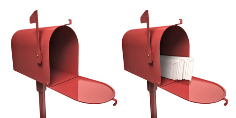 red mail box empty and with letters, 3d render