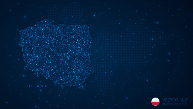 Fototapeta Map of Poland modern design with polygonal shapes on dark blue background. Business wireframe mesh spheres from flying debris. Blue structure style vector illustration concept