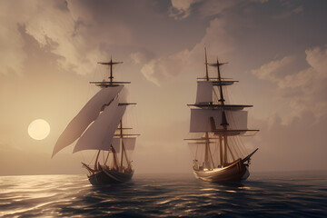 Obraz premium ultra realistic sailing ship, beautiful light, pale sunrise, cinematic lighting, viking and pirates generative ai