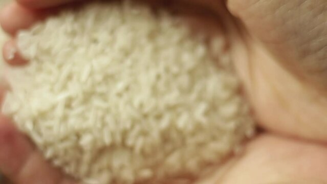 Top view of parboiled white grain rice seeds, organic natural refined carbohydrate. Being scooped with hand and poured.