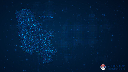Fototapeta na wymiar Map of Serbia modern design with polygonal shapes on dark blue background. Business wireframe mesh spheres from flying debris. Blue structure style vector illustration concept