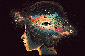 universe inside the person’s head, stars in the mind. Generative AI