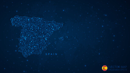 Fototapeta na wymiar Map of Spain modern design with polygonal shapes on dark blue background. Business wireframe mesh spheres from flying debris. Blue structure style vector illustration concept